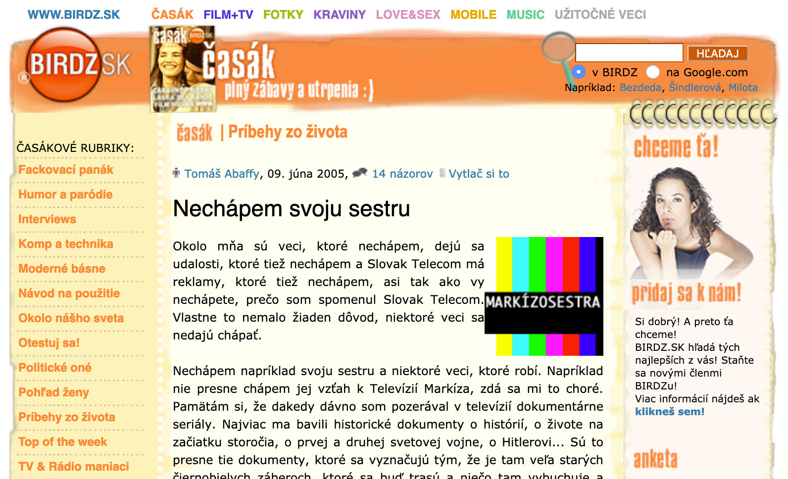 Dizajn článku na Birdz.sk v roku 2005